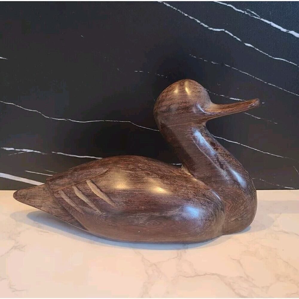 Ironwood Duck Figurine Carved Handcrafted 9.5"x3.25" Dark Grain Mallard EUC